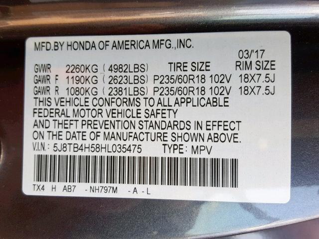 5J8TB4H58HL035475 - 2017 ACURA RDX TECHNO GRAY photo 10