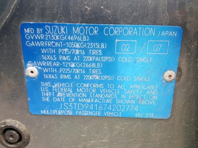 JS3TD941674202774 - 2007 SUZUKI GRAND VITA BLUE photo 10