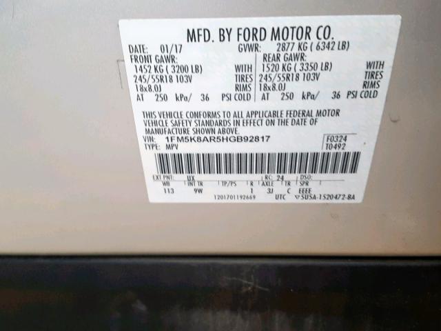 1FM5K8AR5HGB92817 - 2017 FORD EXPLORER P SILVER photo 10