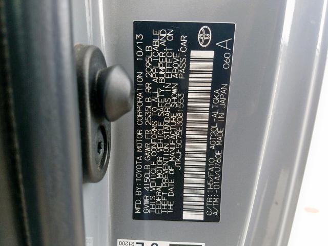 JTKJF5C75E3081553 - 2014 TOYOTA SCION TC ნაცრისფერი ფოტო 10