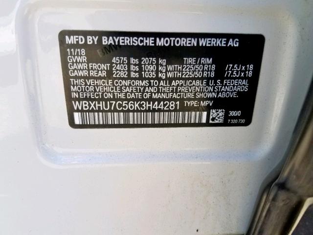 WBXHU7C56K3H44281 - 2019 BMW X1 SDRIVE2 WHITE photo 10