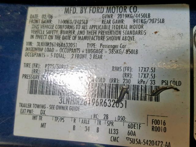 3LNHM26196R632051 - 2006 LINCOLN ZEPHYR BLUE photo 10