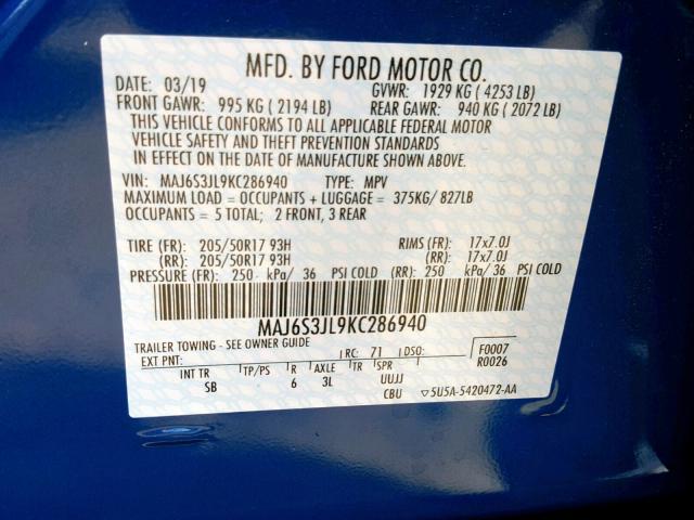 MAJ6S3JL9KC286940 - 2019 FORD ECOSPORT S BLUE photo 10