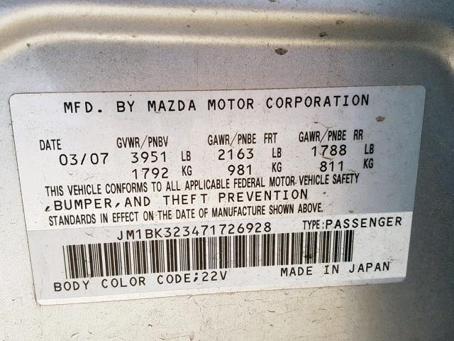 JM1BK323471726928 - 2007 MAZDA 3 S SILVER photo 10