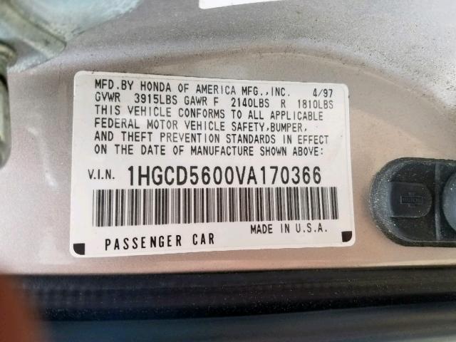 1HGCD5600VA170366 - 1997 HONDA ACCORD SE GOLD photo 10