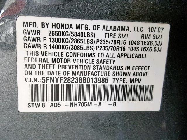 5FNYF28238B013986 - 2008 HONDA PILOT VP SILVER photo 10