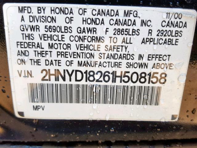 2HNYD18261H508158 - 2001 ACURA MDX BLACK photo 10