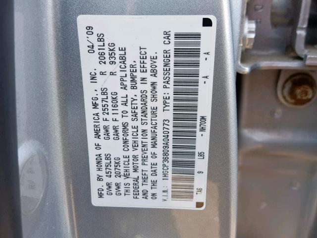 1HGCP36809A040773 - 2009 HONDA ACCORD EXL SILVER photo 10