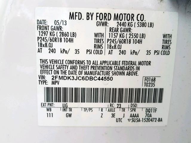 2FMDK3JC6DBC44550 - 2013 FORD EDGE SEL WHITE photo 10