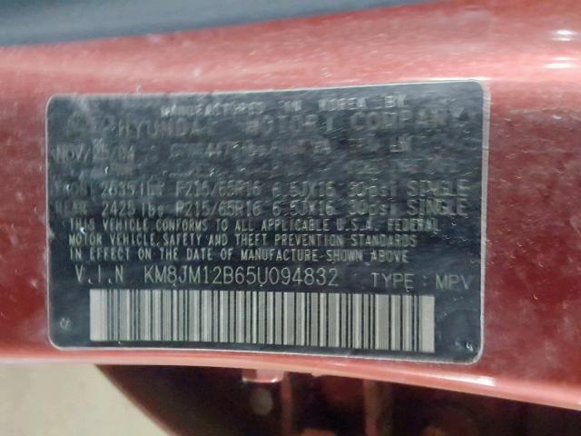 KM8JM12B65U094832 - 2005 HYUNDAI TUCSON GL RED photo 10