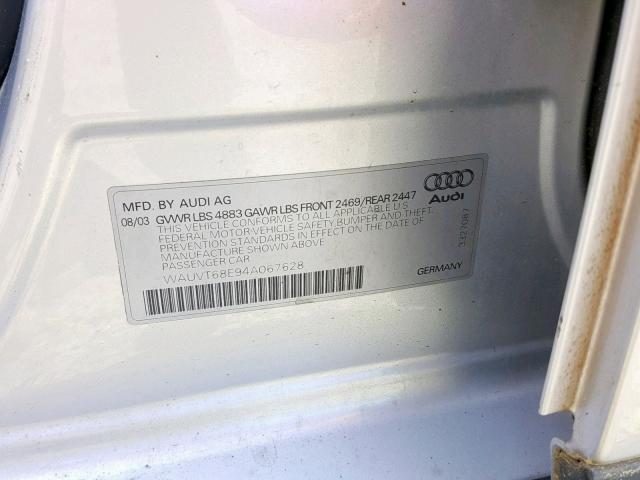 WAUVT68E94A067628 - 2004 AUDI A4 3.0 AVA SILVER photo 10