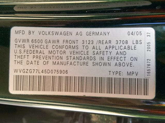 WVGZG77L45D075906 - 2005 VOLKSWAGEN TOUAREG 3. GREEN photo 10