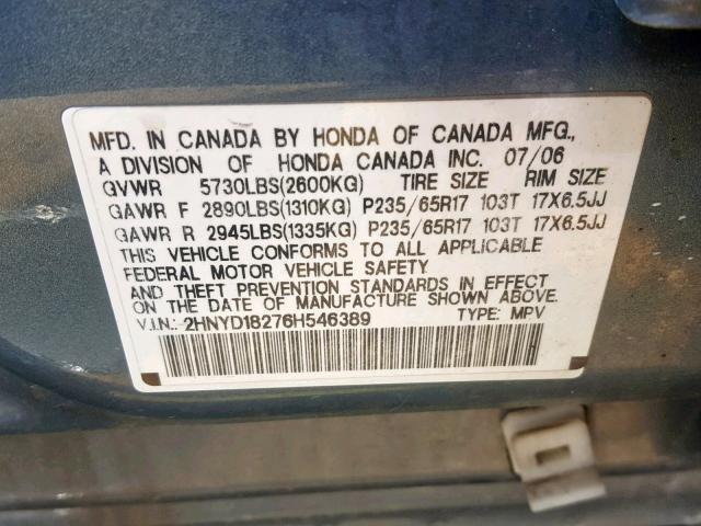 2HNYD18276H546389 - 2006 ACURA MDX BLUE photo 10