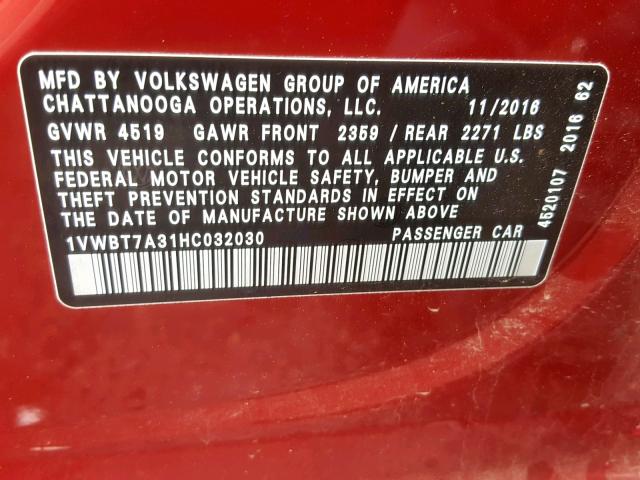 1VWBT7A31HC032030 - 2017 VOLKSWAGEN PASSAT SE RED photo 10