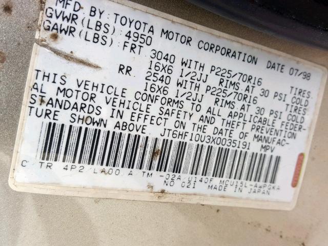 JT6HF10U3X0035191 - 1999 LEXUS RX 300 GOLD photo 10