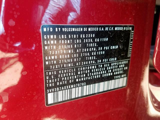 3VV3B7AXXKM078783 - 2019 VOLKSWAGEN TIGUAN SE RED photo 10