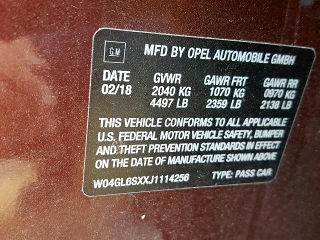 W04GL6SXXJ1114256 - 2018 BUICK REGAL PREF BURGUNDY photo 10