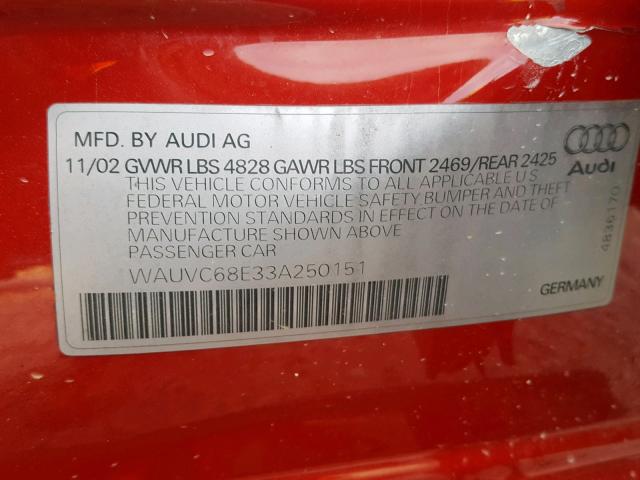 WAUVC68E33A250151 - 2003 AUDI A4 1.8T AV RED photo 10