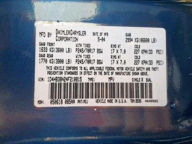 1D4HB38N24F210815 - 2004 DODGE DURANGO ST BLUE photo 10