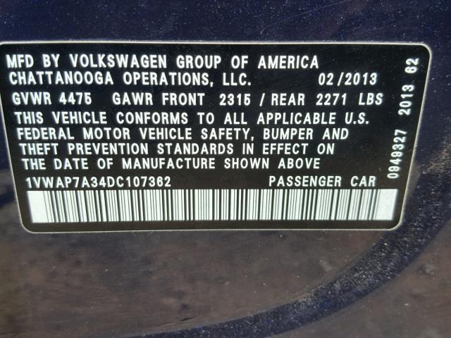 1VWAP7A34DC107362 - 2013 VOLKSWAGEN PASSAT S BLUE photo 10