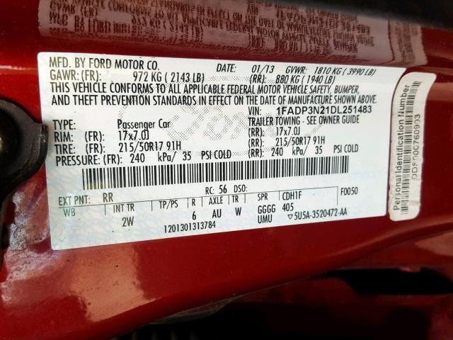 1FADP3N21DL251483 - 2013 FORD FOCUS TITA RED photo 10