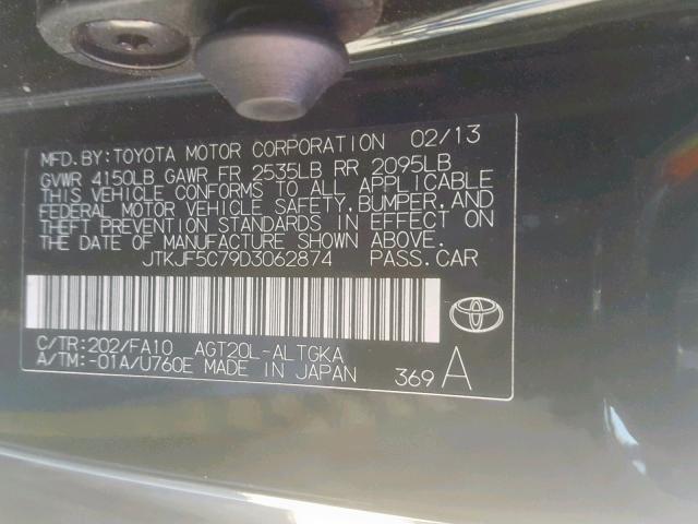 JTKJF5C79D3062874 - 2013 TOYOTA SCION TC შავი ფოტო 10