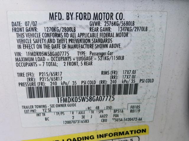 1FMDK05W58GA07775 - 2008 FORD TAURUS X S WHITE photo 10