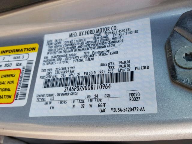 3FA6P0K90DR110964 - 2013 FORD FUSION TIT GRAY photo 10