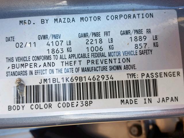 JM1BL1K69B1462934 - 2011 MAZDA 3 S GRAY photo 10