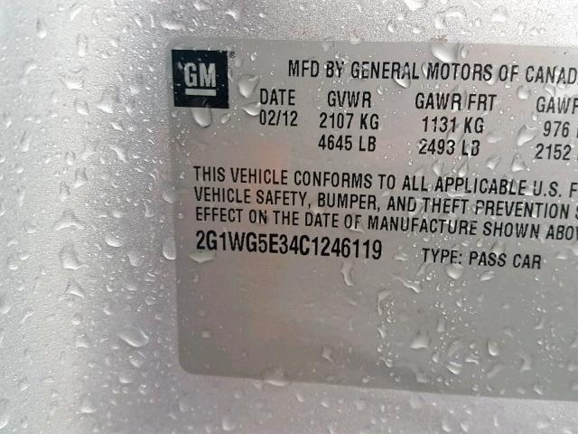 2G1WG5E34C1246119 - 2012 CHEVROLET IMPALA LT SILVER photo 10