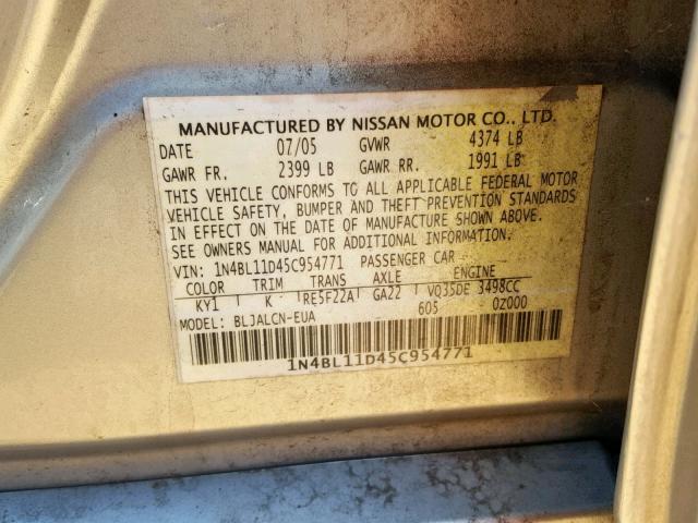 1N4BL11D45C954771 - 2005 NISSAN ALTIMA SE GRAY photo 10