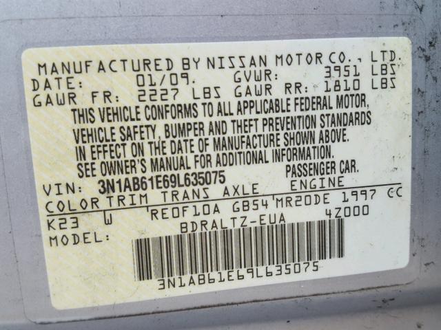 3N1AB61E69L635075 - 2009 NISSAN SENTRA 2.0 SILVER photo 10