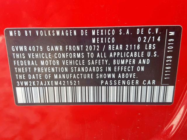 3VW2K7AJXEM421521 - 2014 VOLKSWAGEN JETTA BASE RED photo 10