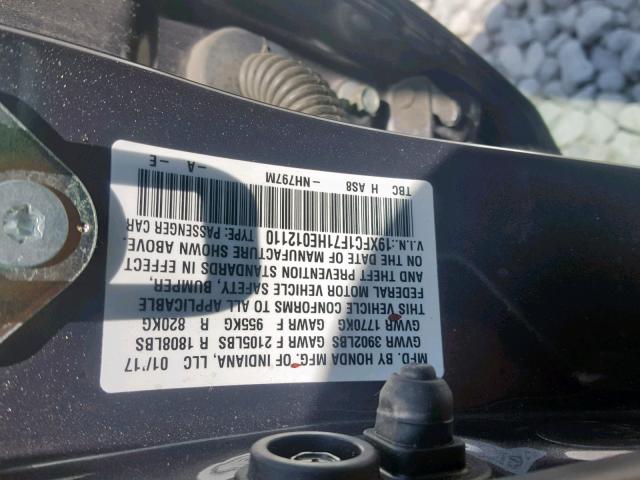 19XFC1F71HE012110 - 2017 HONDA CIVIC EXL GRAY photo 10