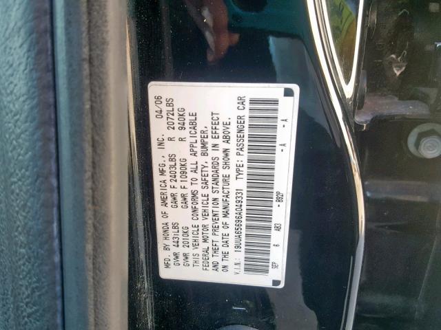 19UUA65696A049331 - 2006 ACURA 3.2TL BLACK photo 10