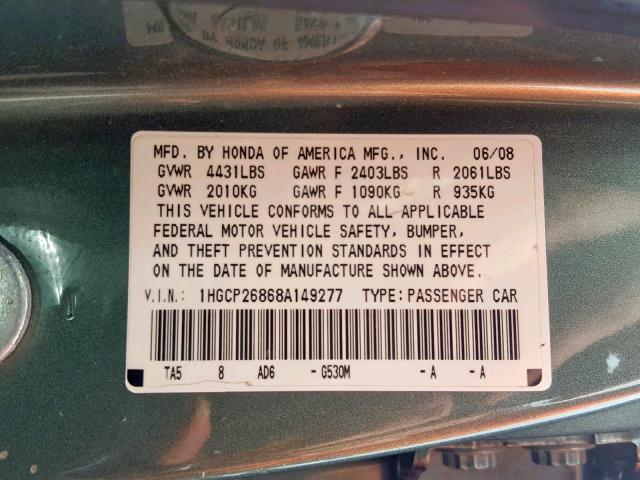 1HGCP26868A149277 - 2008 HONDA ACCORD EXL GREEN photo 10