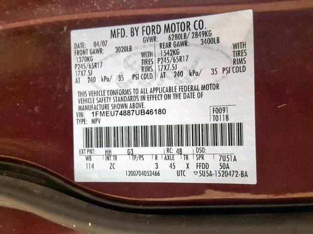 1FMEU74887UB46180 - 2007 FORD EXPLORER E BURGUNDY photo 10