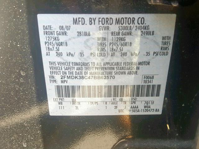 2FMDK38C47BB62570 - 2007 FORD EDGE SEL BLACK photo 10