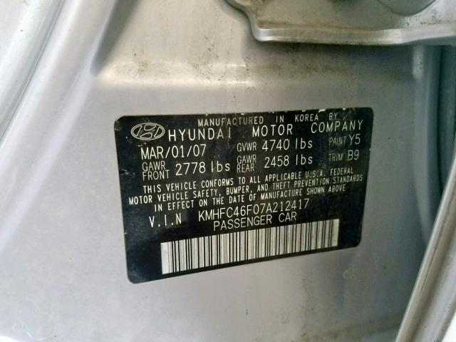 KMHFC46F07A212417 - 2007 HYUNDAI AZERA SE SILVER photo 10