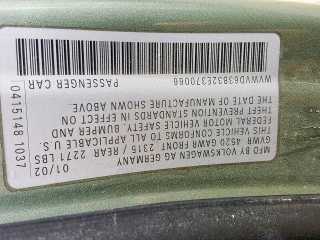 WVWVD63B32E370066 - 2002 VOLKSWAGEN PASSAT GLS GREEN photo 10