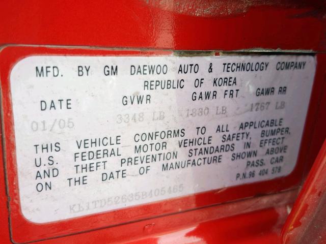 KL1TD52635B405465 - 2005 CHEVROLET AVEO BASE Qırmızı foto 10