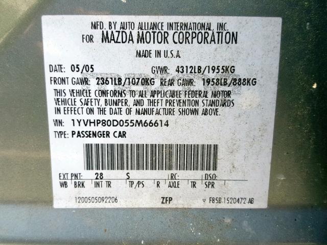 1YVHP80D055M66614 - 2005 MAZDA 6 S TEAL photo 10