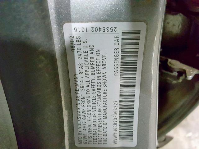 WVWYH63B73E063227 - 2003 VOLKSWAGEN PASSAT GLX 灰色 照片 10