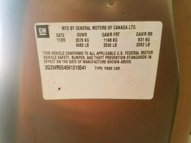 2G2WR554561210541 - 2006 PONTIAC GRAND PRIX TAN photo 10