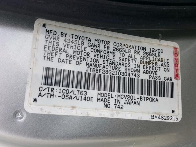 JT8BF28G210304743 - 2001 LEXUS ES 300 SILVER photo 10