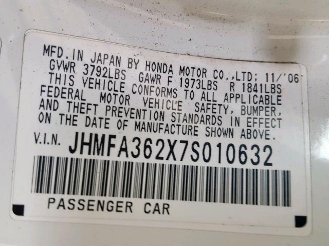 JHMFA362X7S010632 - 2007 HONDA CIVIC HYBR WHITE photo 10