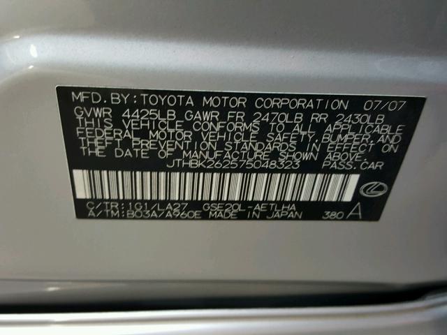 JTHBK262575048323 - 2007 LEXUS IS 250 SILVER photo 10