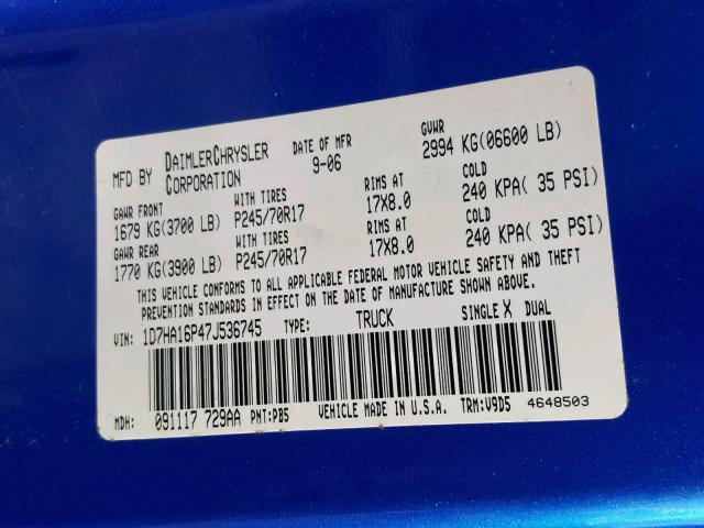 1D7HA16P47J536745 - 2007 DODGE RAM 1500 S BLUE photo 10