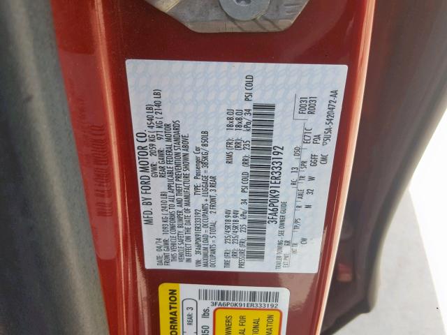 3FA6P0K91ER333192 - 2014 FORD FUSION TIT RED photo 10