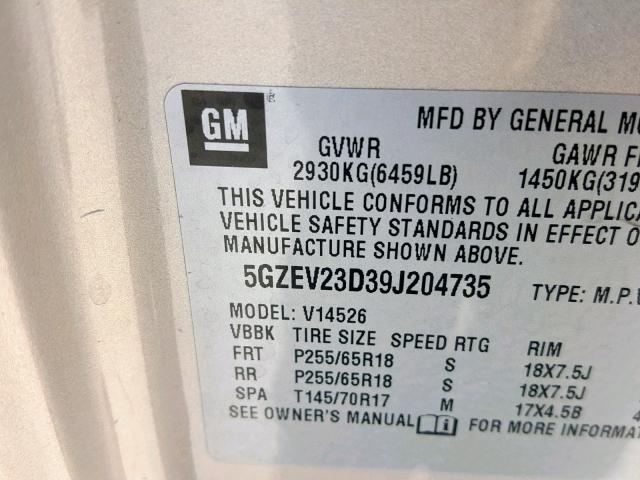 5GZEV23D39J204735 - 2009 SATURN OUTLOOK XR ოქროსფერი ფოტო 10